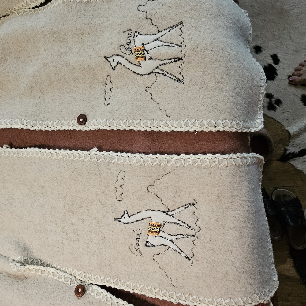 Cream Embroidered Wool Vest with Llama Design